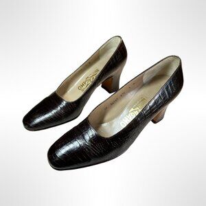 Ferragamo Brown Embossed Leather Pumps, Size 5, good condition